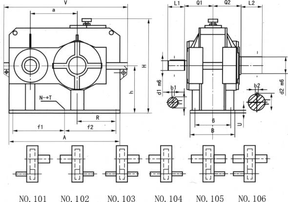 JDX28、JDX36、JDX45、減速機(jī)的裝配型式及外形尺寸圖(JC/T878.2-2001)